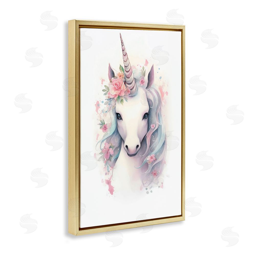 Creative Studio Unicorn with Pink Flower Crown Gold Floating Frame Canvas Wall Art Print