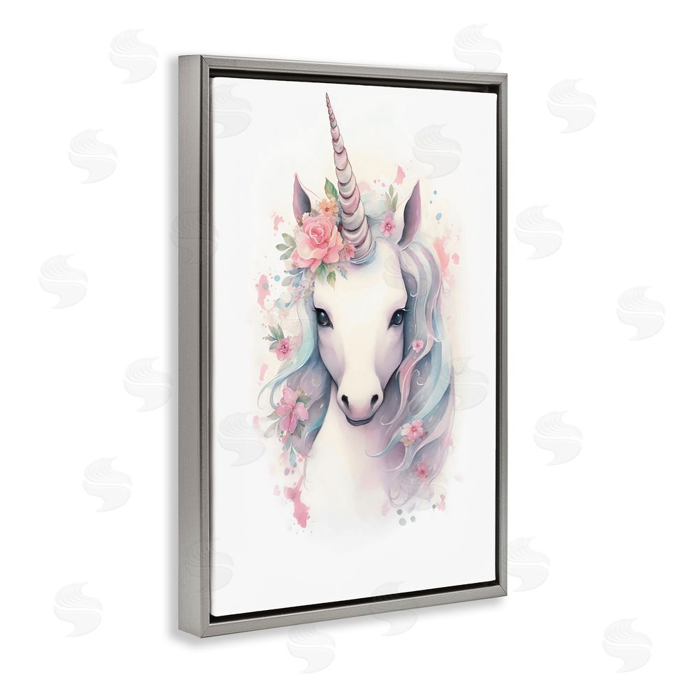 Creative Studio Unicorn with Pink Flower Crown Gray Floating Frame Canvas Wall Art Print