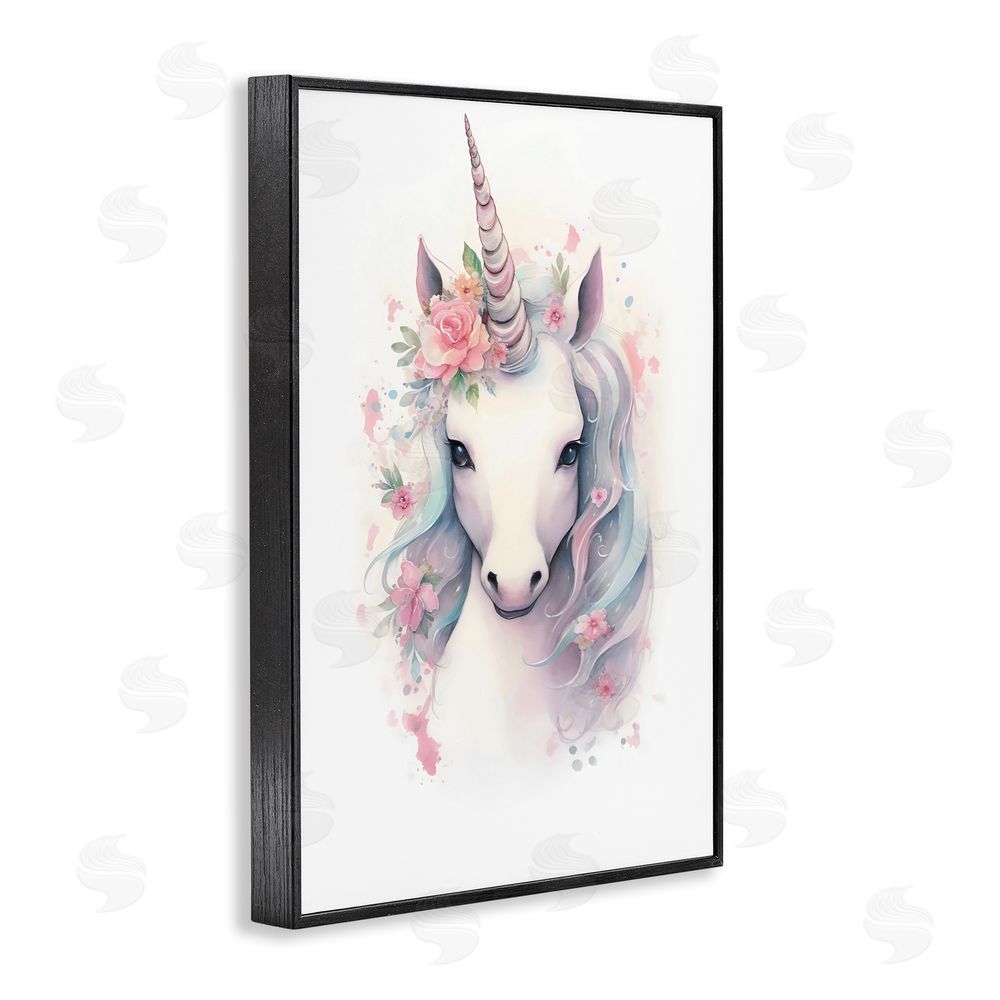 Creative Studio Unicorn with Pink Flower Crown Black Framed Giclee Wall Art Print