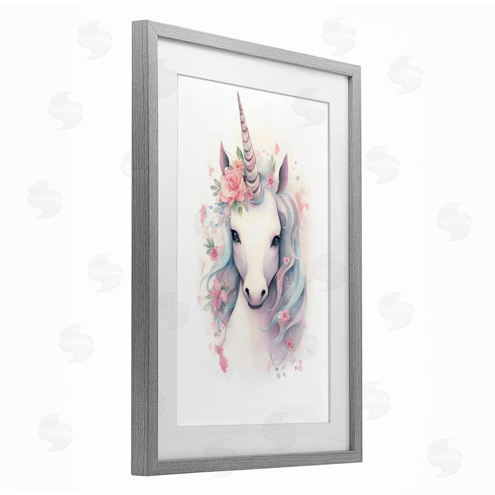 Creative Studio Unicorn with Pink Flower Crown Gray Framed Print Under Glass Wall Art