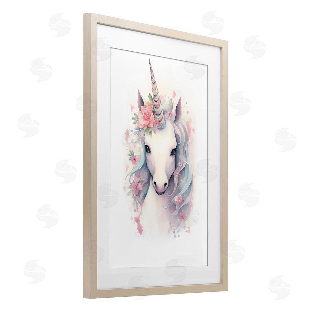Creative Studio Unicorn with Pink Flower Crown Brown Framed Print Under Glass Wall Art