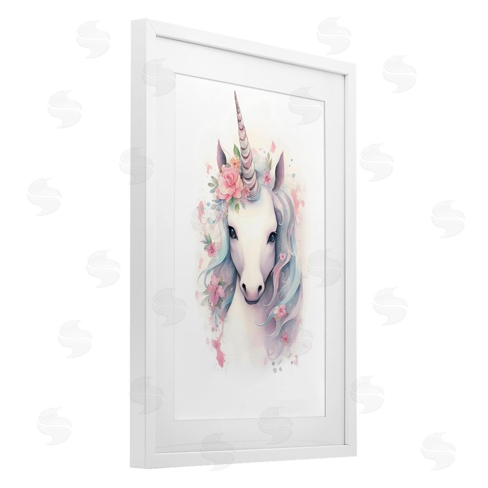 Creative Studio Unicorn with Pink Flower Crown White Framed Print Under Glass Wall Art