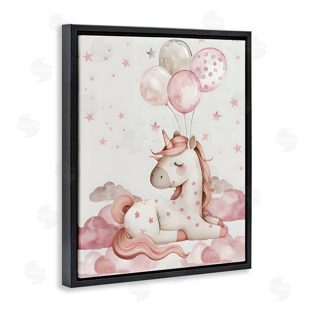 LSR Design Studio Pink Unicorn with Balloons Black Floating Frame Canvas Wall Art Print