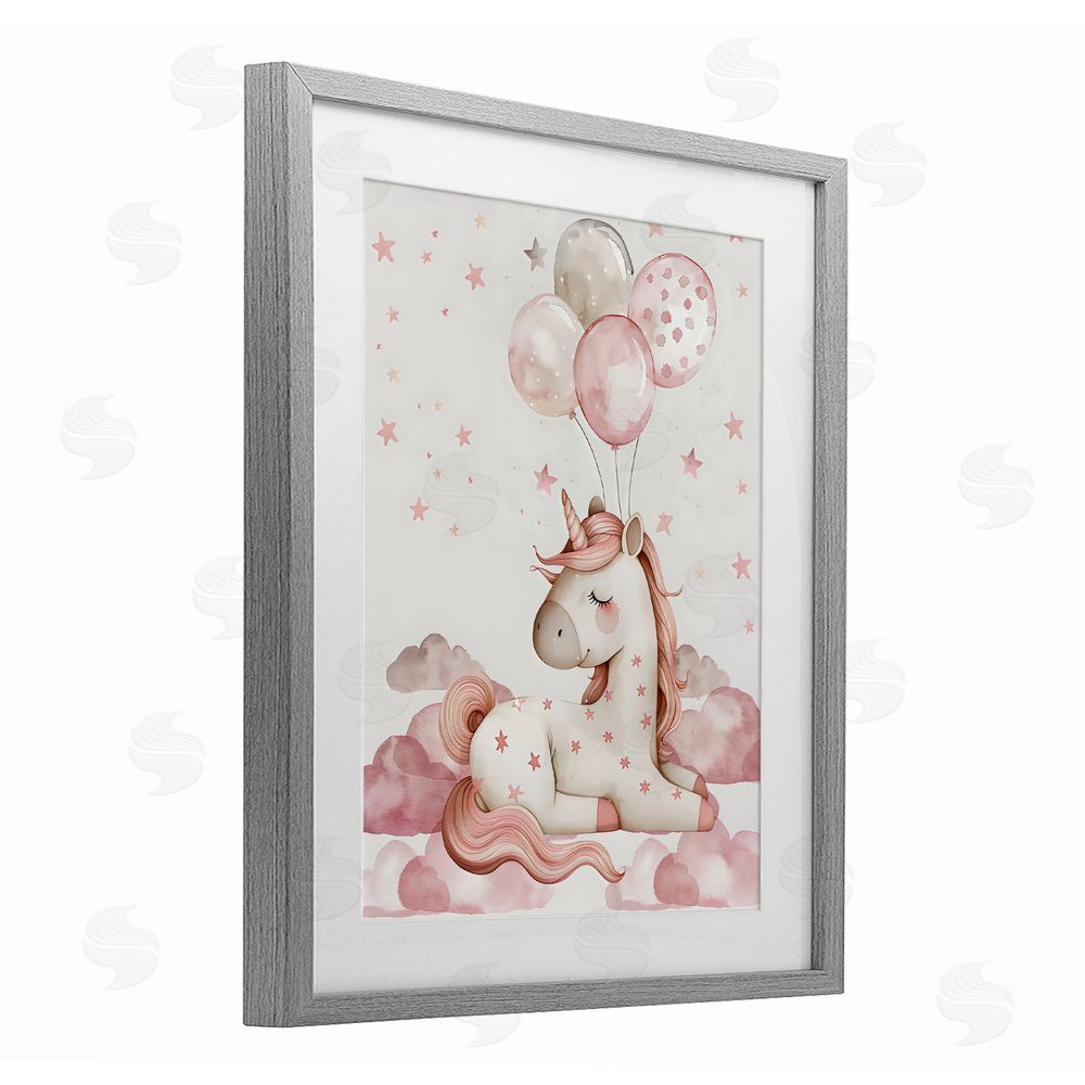LSR Design Studio Pink Unicorn with Balloons Gray Framed Print Under Glass Wall Art