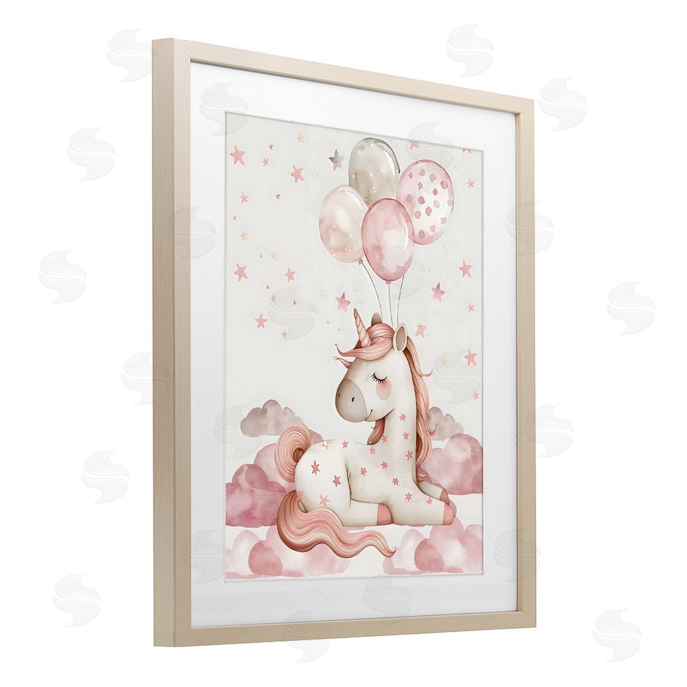 LSR Design Studio Pink Unicorn with Balloons Brown Framed Print Under Glass Wall Art