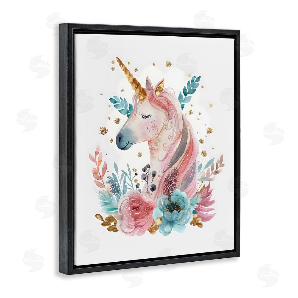 LSR Design Studio Floral Unicorn with Gold Details Black Floating Frame Canvas Wall Art