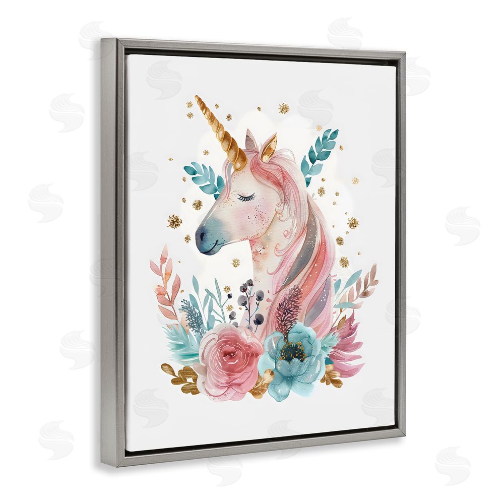 LSR Design Studio Floral Unicorn with Gold Details Gray Floating Frame Canvas Wall Art