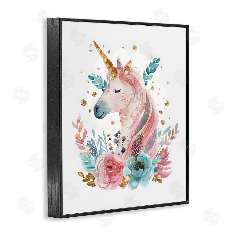 LSR Design Studio Floral Unicorn with Gold Details Blacked Framed Giclee Wall Art Print