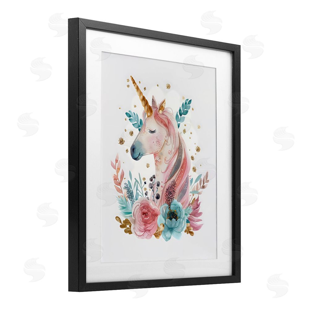 LSR Design Studio Floral Unicorn with Gold Details Black Framed Print Under Glass with Mat Wall Art