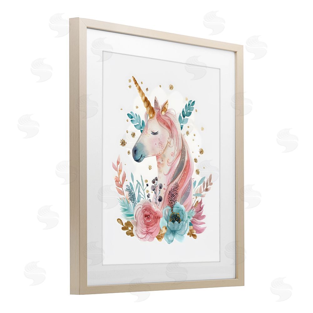 LSR Design Studio Floral Unicorn with Gold Details Brown Framed Print Under Glass with Mat Wall Art