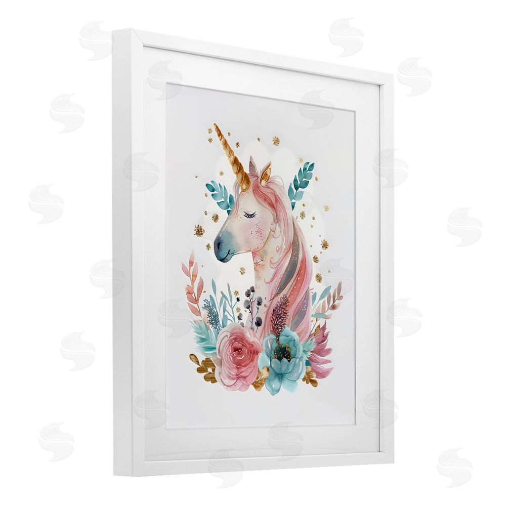 LSR Design Studio Floral Unicorn with Gold Details White Framed Print Under Glass with Mat Wall Art