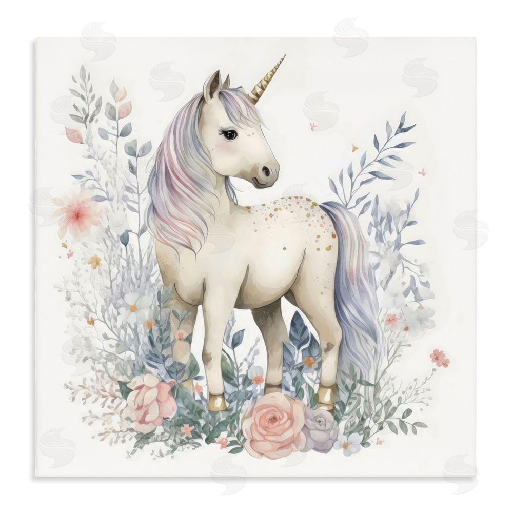 Creative Studio Unicorn in Delicate Floral Forest Stretched Canvas Wall Art Print