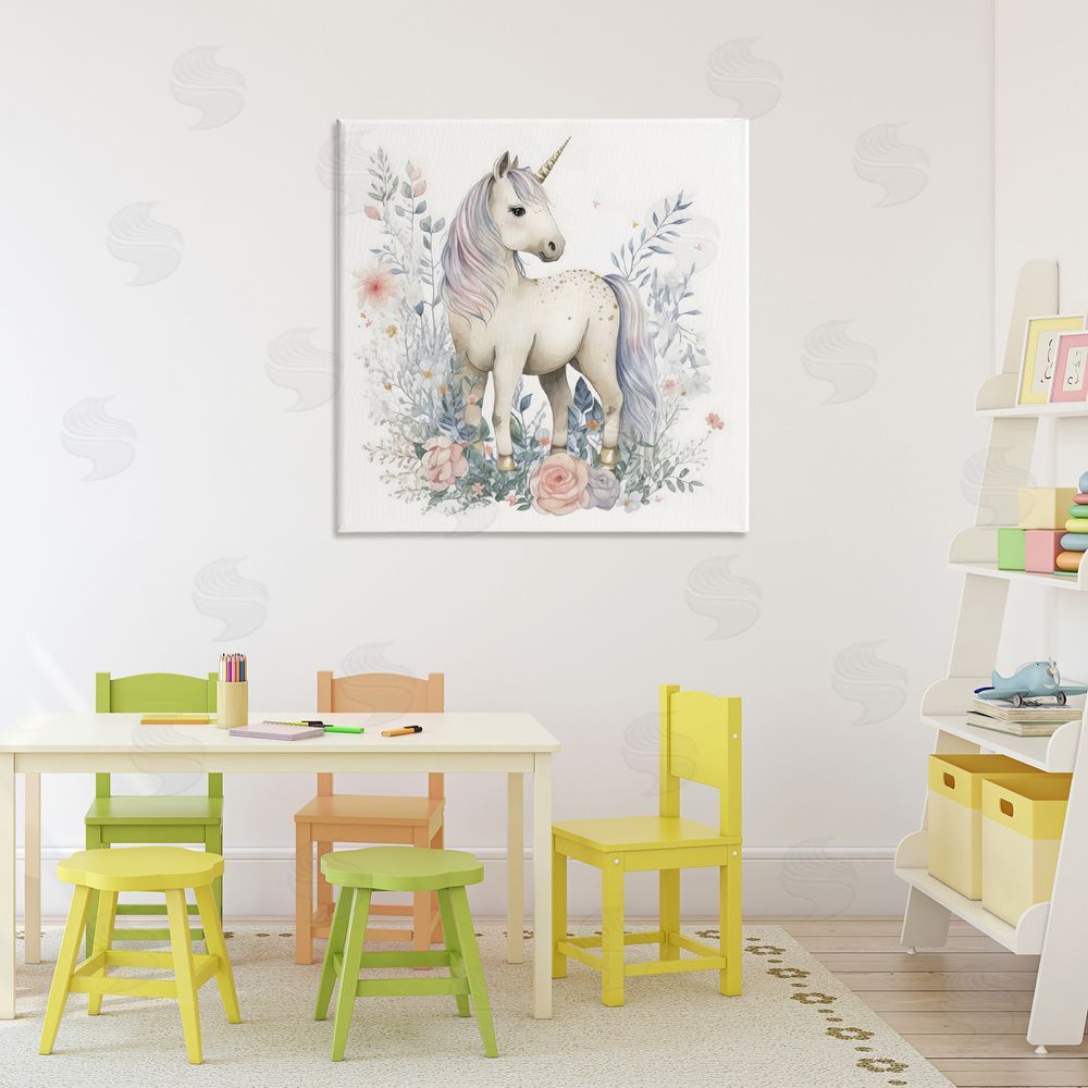 Creative Studio Unicorn in Delicate Floral Forest Stretched Canvas Wall Art Print in Room