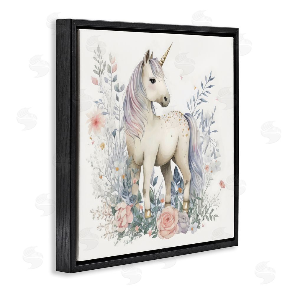 Creative Studio Unicorn in Delicate Floral Forest Black Floating Frame Canvas Wall Art Print