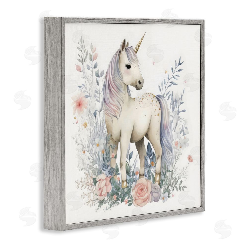 Creative Studio Unicorn in Delicate Floral Forest Gray Framed Giclee Wall Art Print
