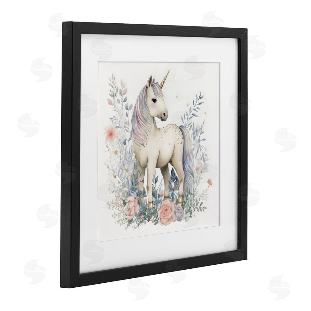 Creative Studio Unicorn in Delicate Floral Forest Black Framed Print Under Glass Wall Art
