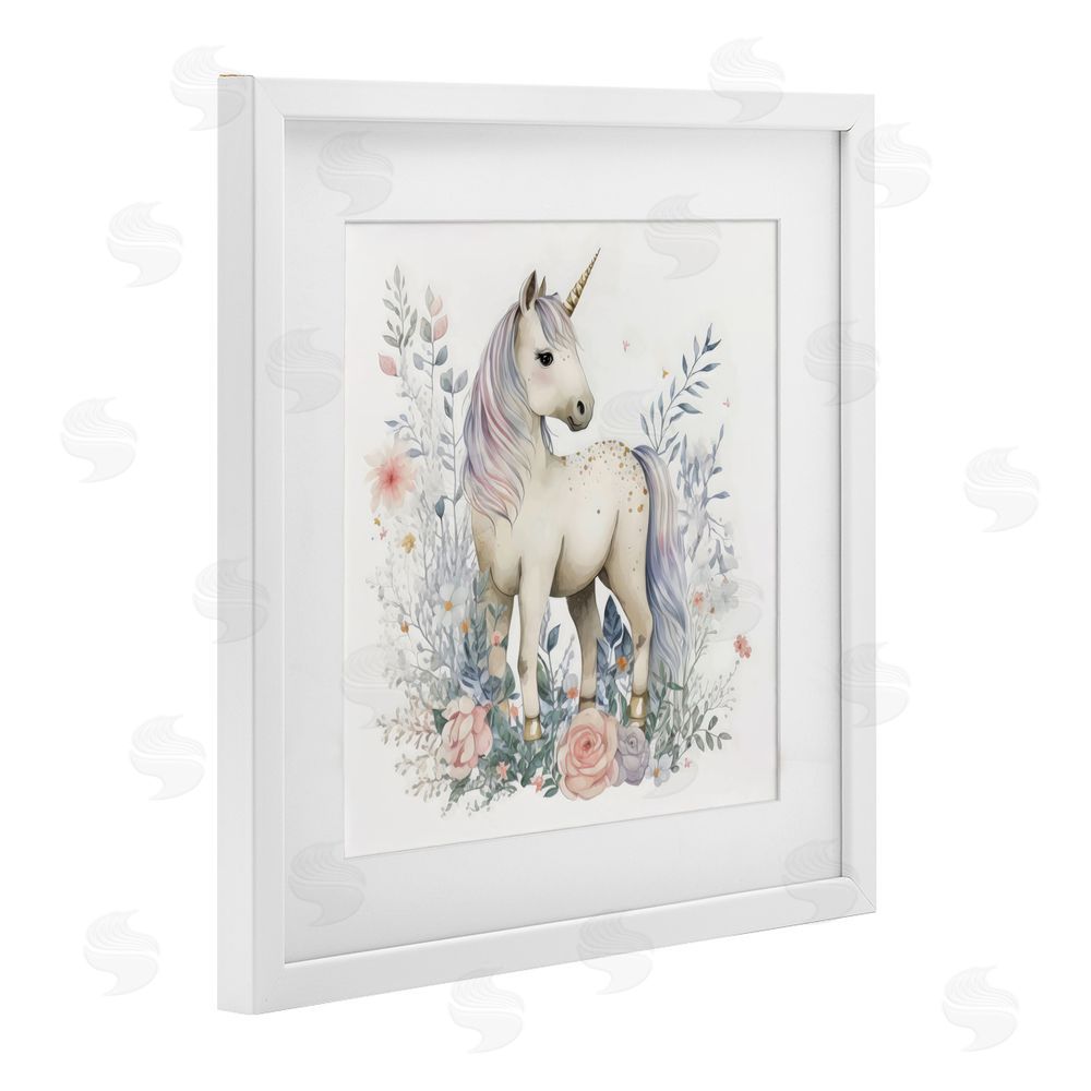 Creative Studio Unicorn in Delicate Floral Forest White Framed Print Under Glass Wall Art