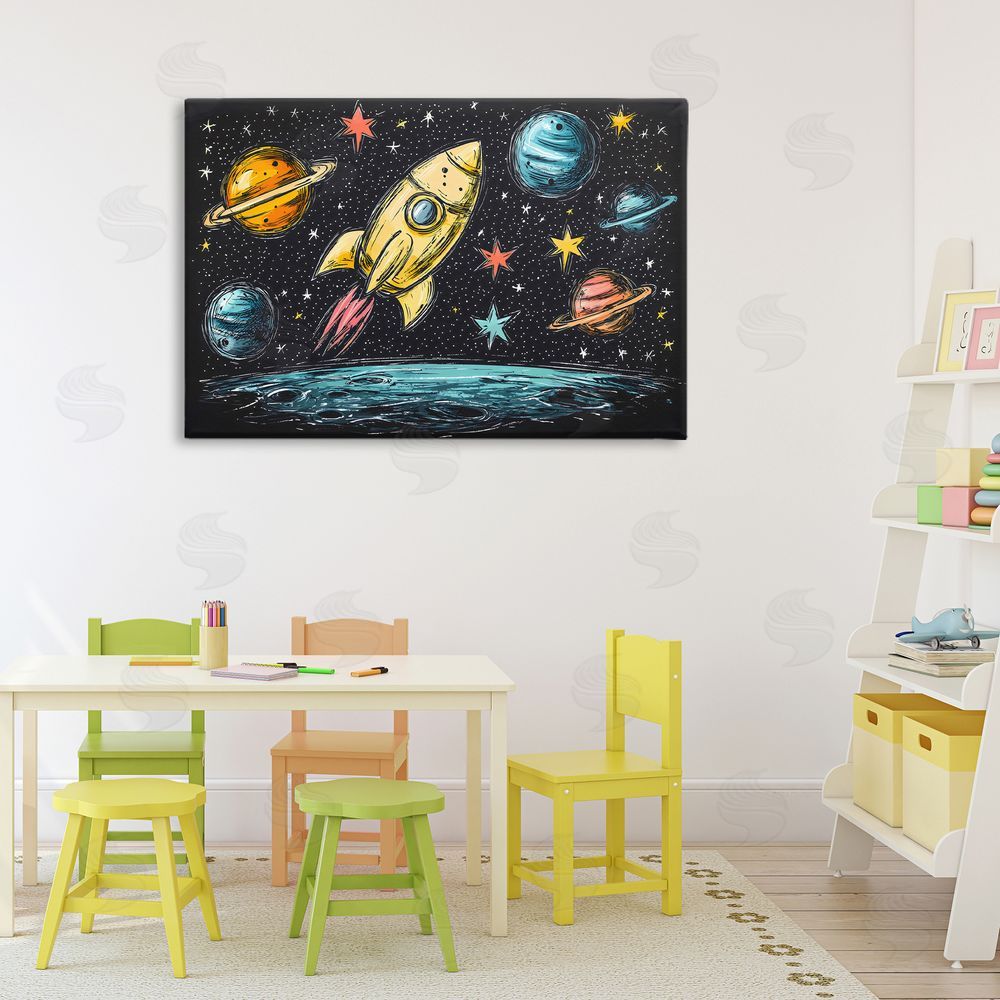 Creative Studio Whimsical Rocket & Planets Stretched Canvas Wall Art Print in Room