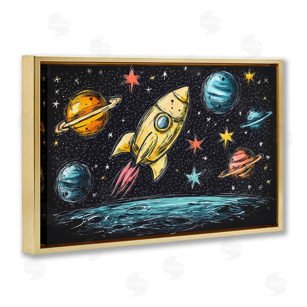 Creative Studio Whimsical Rocket & Planets Gold Floating Frame Canvas Wall Art Print