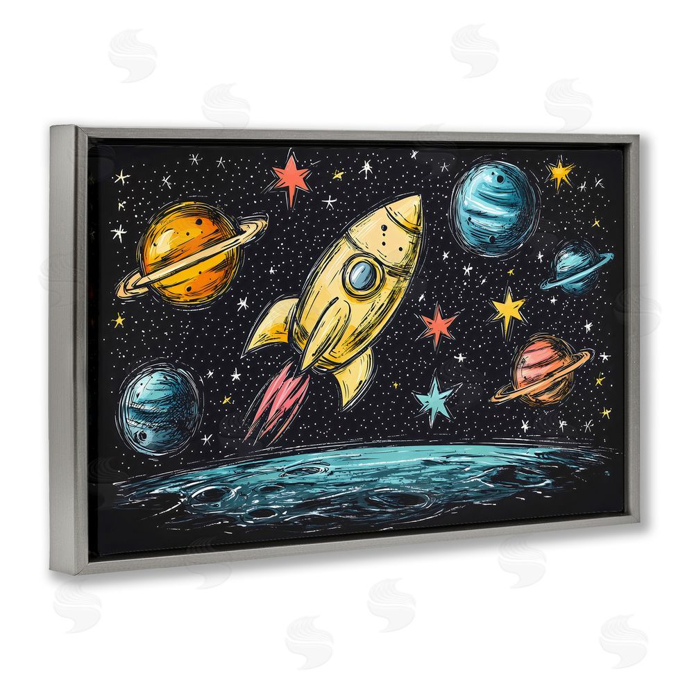 Creative Studio Whimsical Rocket & Planets Gray Floating Frame Canvas Wall Art Print