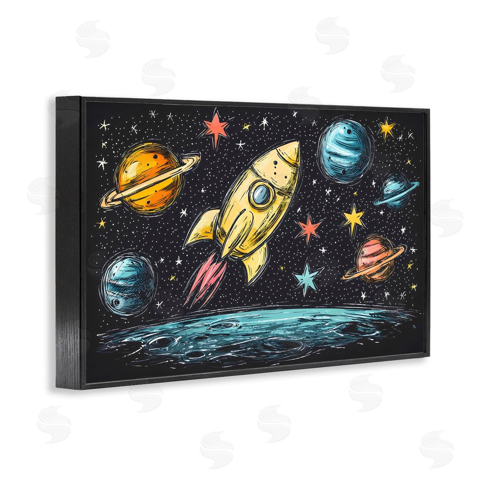 Creative Studio Whimsical Rocket & Planets Black Framed Giclee Wall Art Print