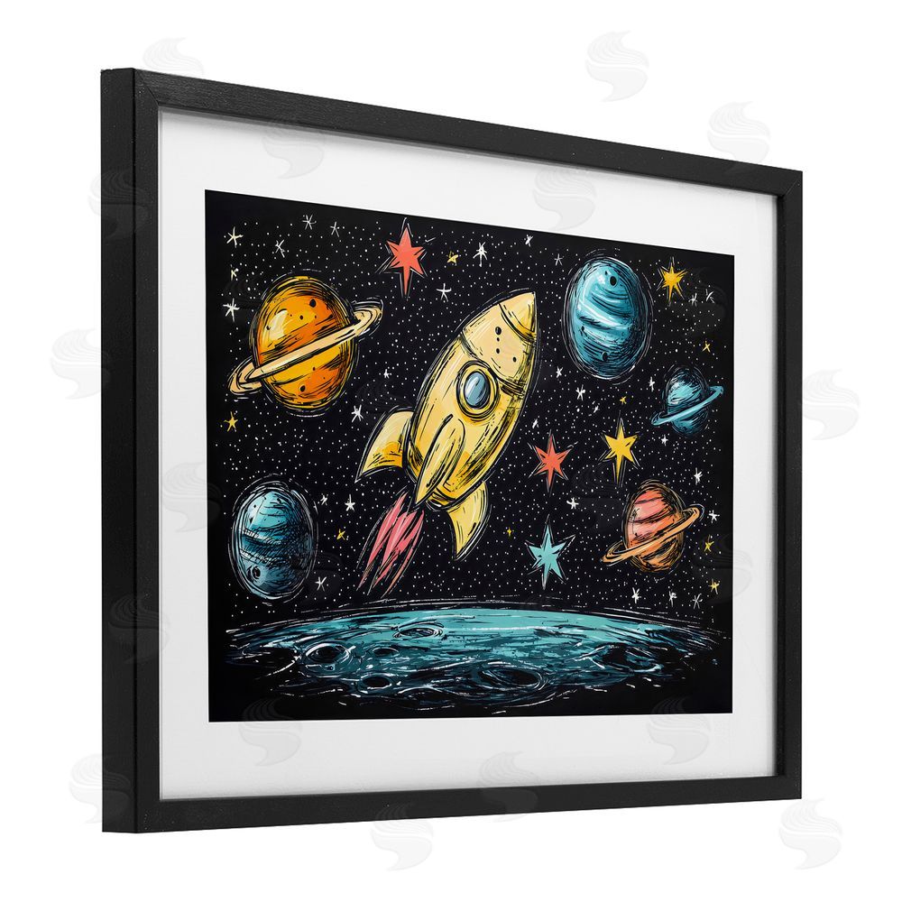 Creative Studio Whimsical Rocket & Planets Black Framed Print Under Glass Wall Art