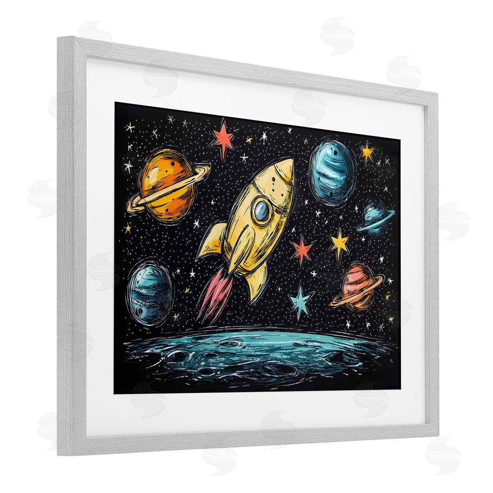 Creative Studio Whimsical Rocket & Planets Gray Framed Print Under Glass Wall Art