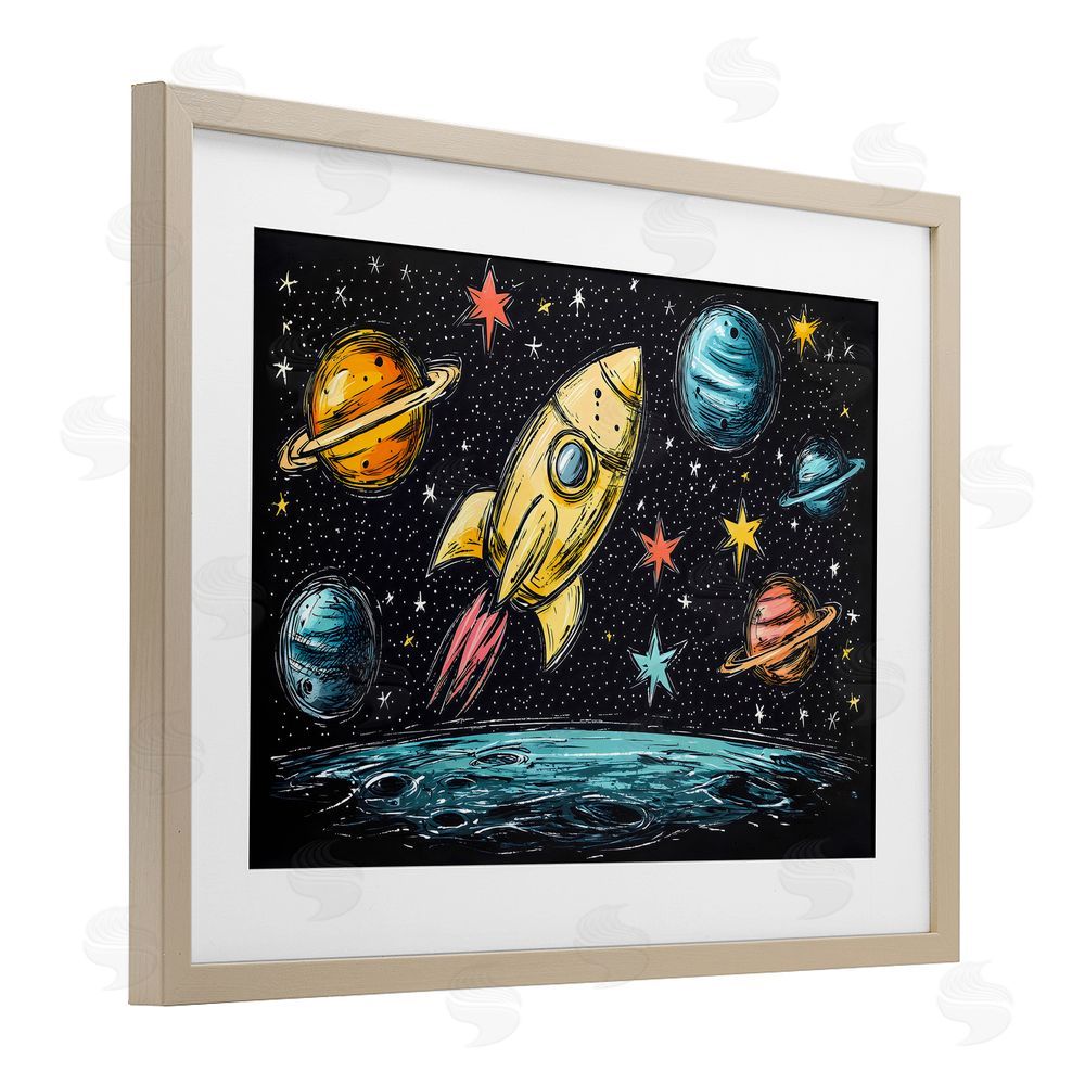 Creative Studio Whimsical Rocket & Planets Brown Framed Print Under Glass Wall Art