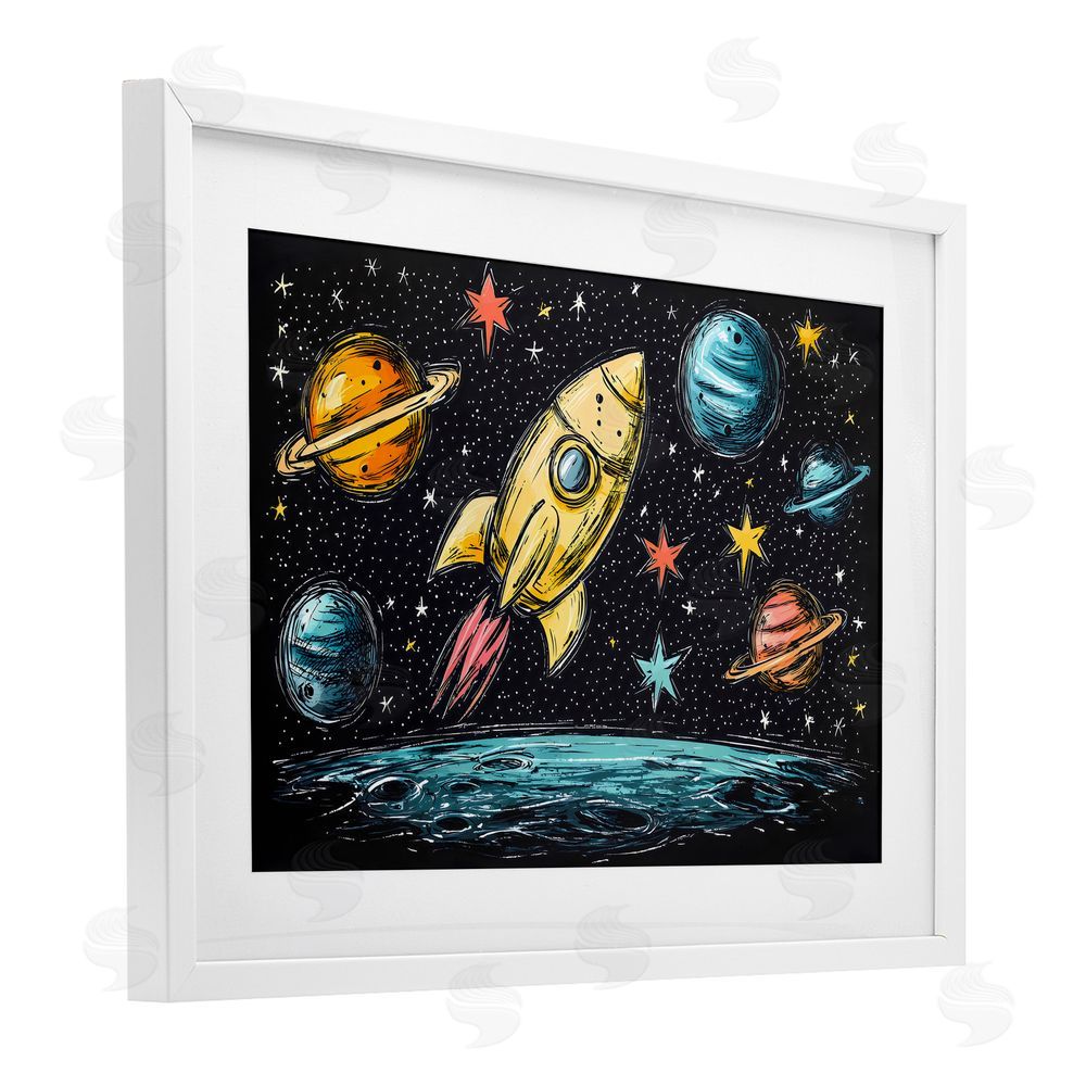 Creative Studio Whimsical Rocket & Planets White Framed Print Under Glass Wall Art