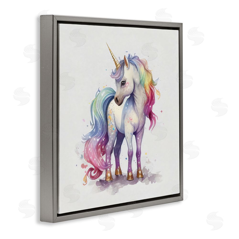 Creative Studio Watercolor Unicorn & Rainbow Mane Gray Floating Frame Canvas Wall Art Print
