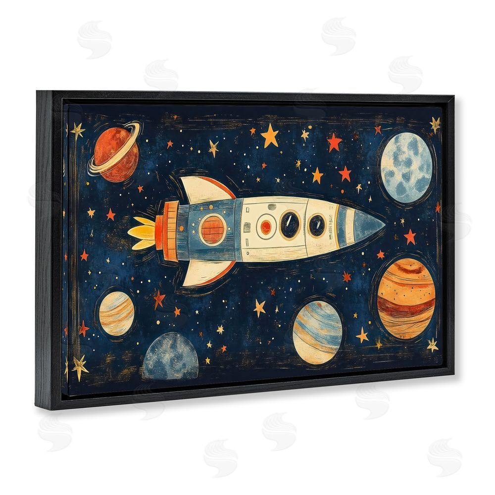 Creative Studio Retro Rocket & Planets Black Floating Frame Canvas Wall Art Print