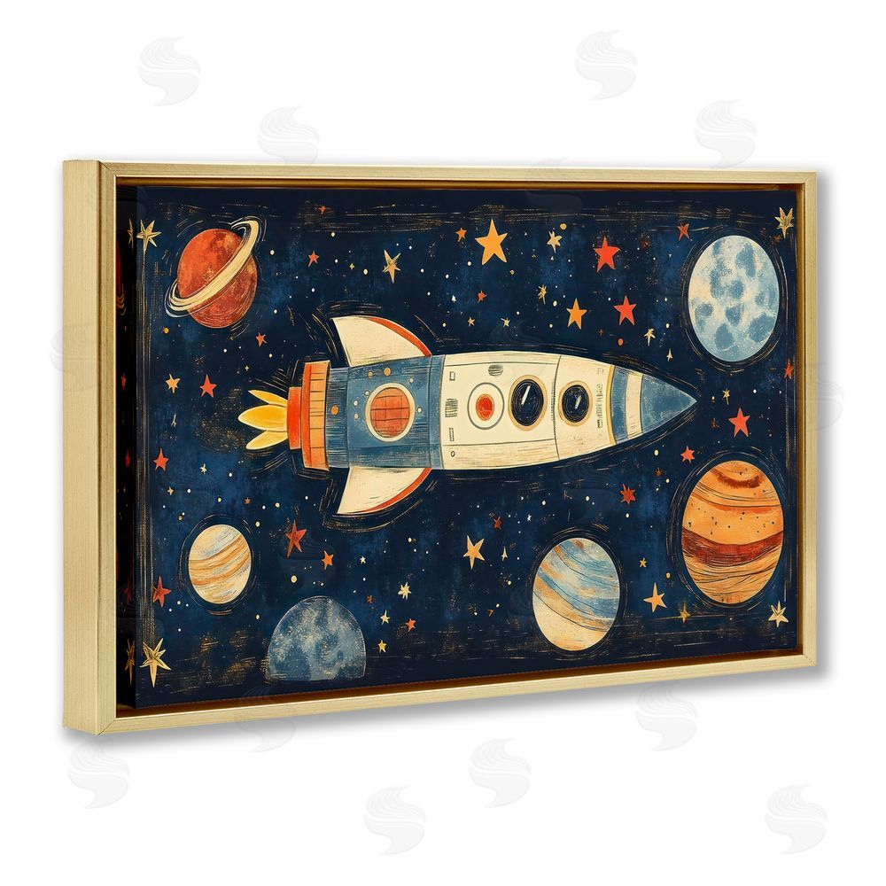 Creative Studio Retro Rocket & Planets Gold Floating Frame Canvas Wall Art Print
