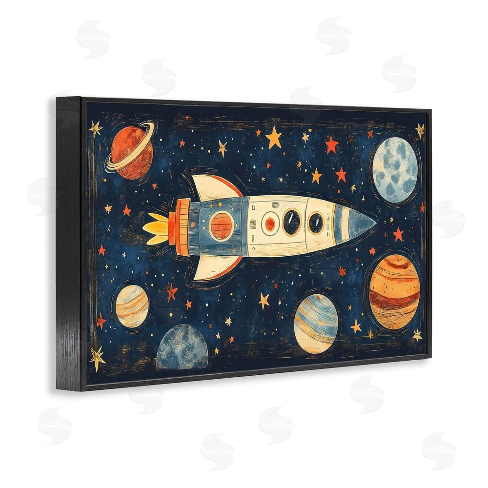 Creative Studio Retro Rocket & Planets Black Framed Giclee Wall Art Print