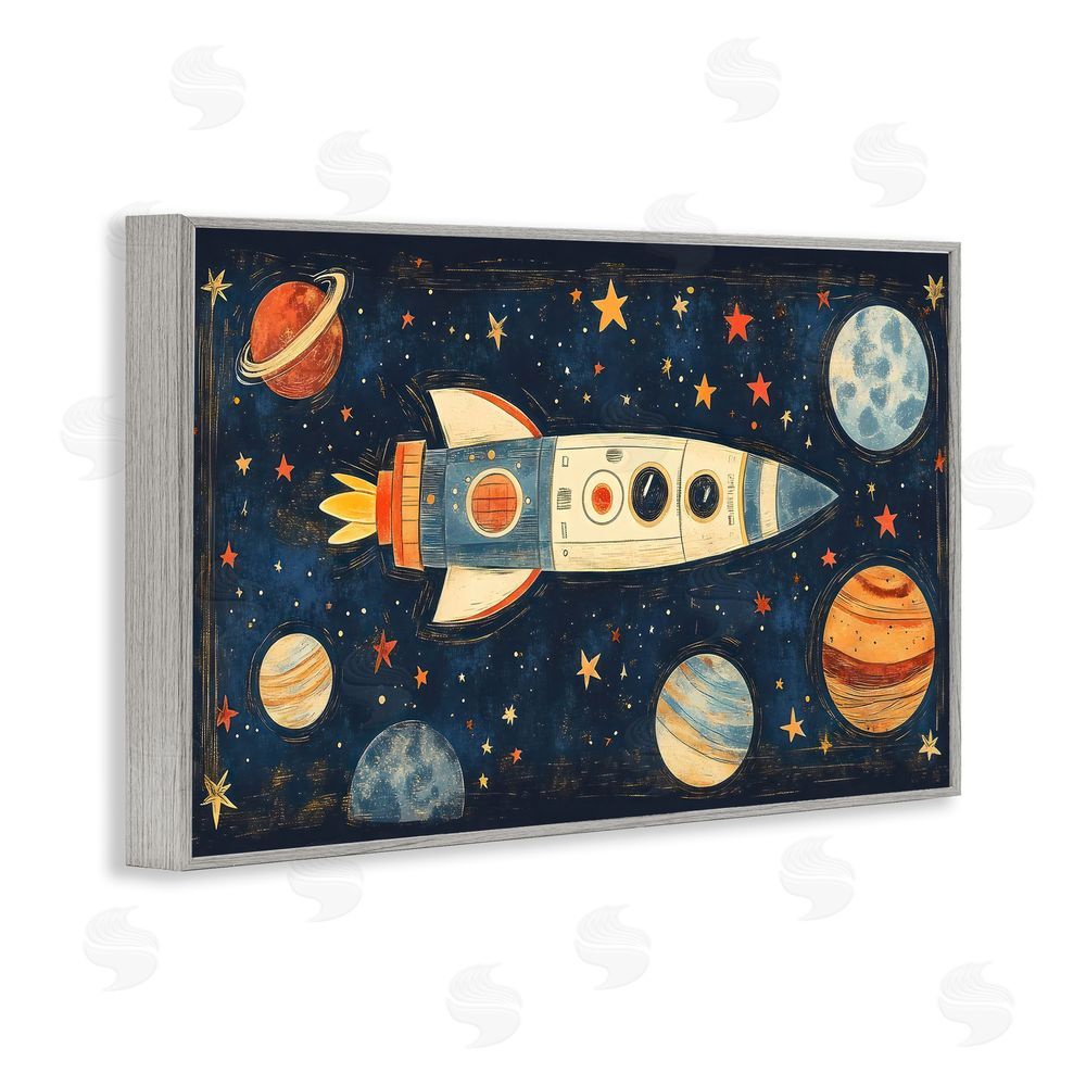 Creative Studio Retro Rocket & Planets Gray Framed Giclee Wall Art Print