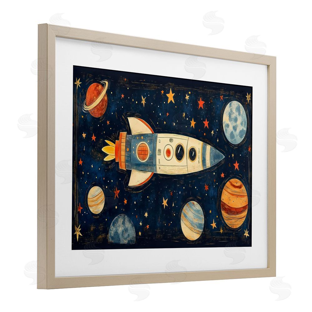 Creative Studio Retro Rocket & Planets Brown Framed Print Under Glass Wall Art