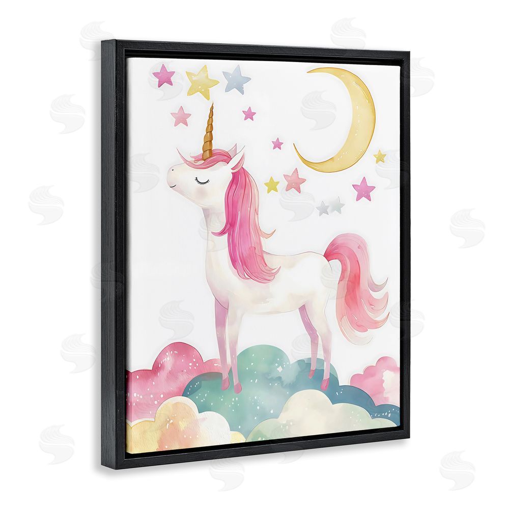 Creative Studio Unicorn Standing On Clouds Black Floating Frame Canvas Wall Art Print