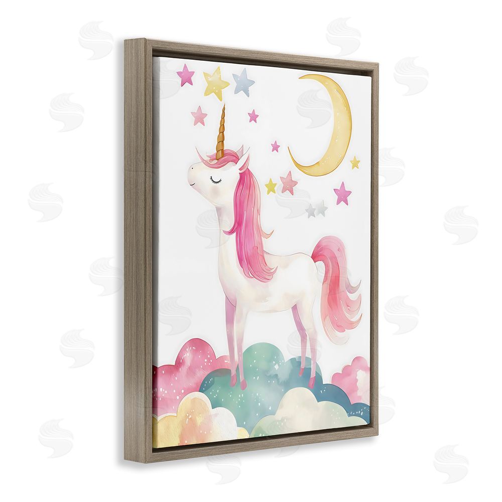 Creative Studio Unicorn Standing On Clouds Brown Floating Frame Canvas Wall Art Print