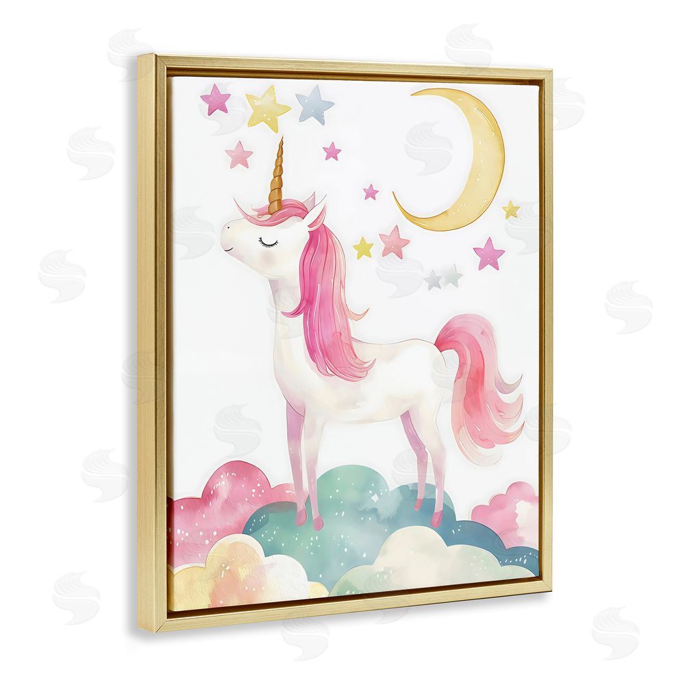 Creative Studio Unicorn Standing On Clouds Gold Floating Frame Canvas Wall Art Print