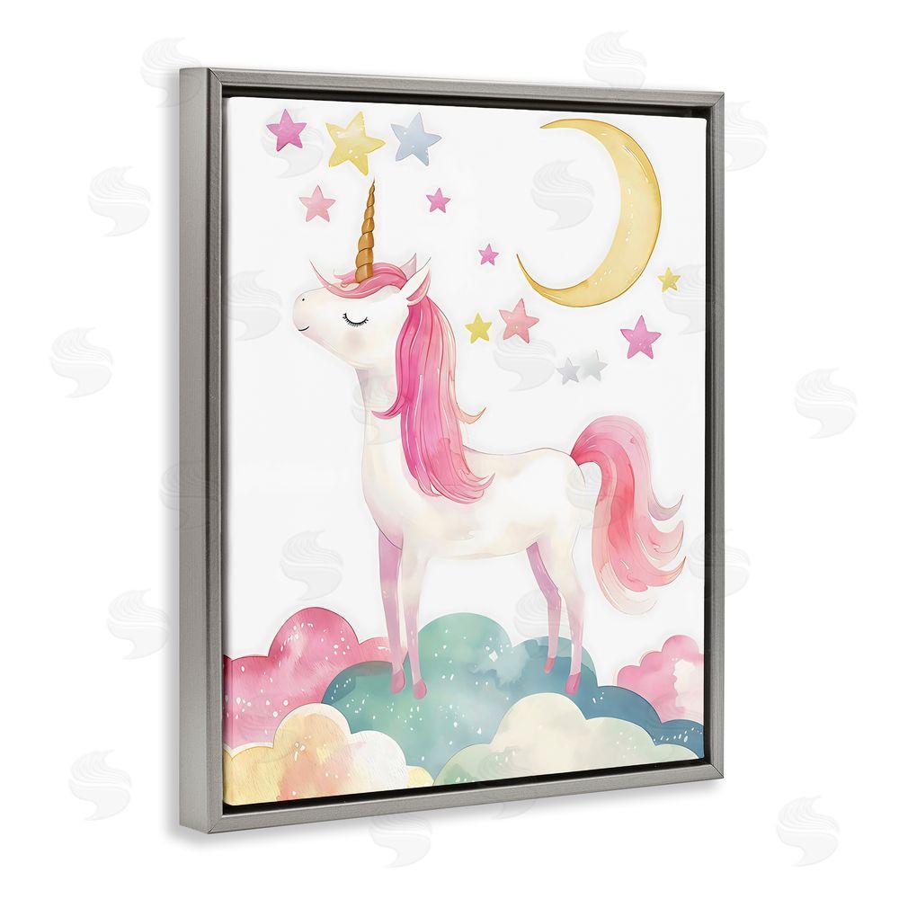 Creative Studio Unicorn Standing On Clouds Gray Floating Frame Canvas Wall Art Print
