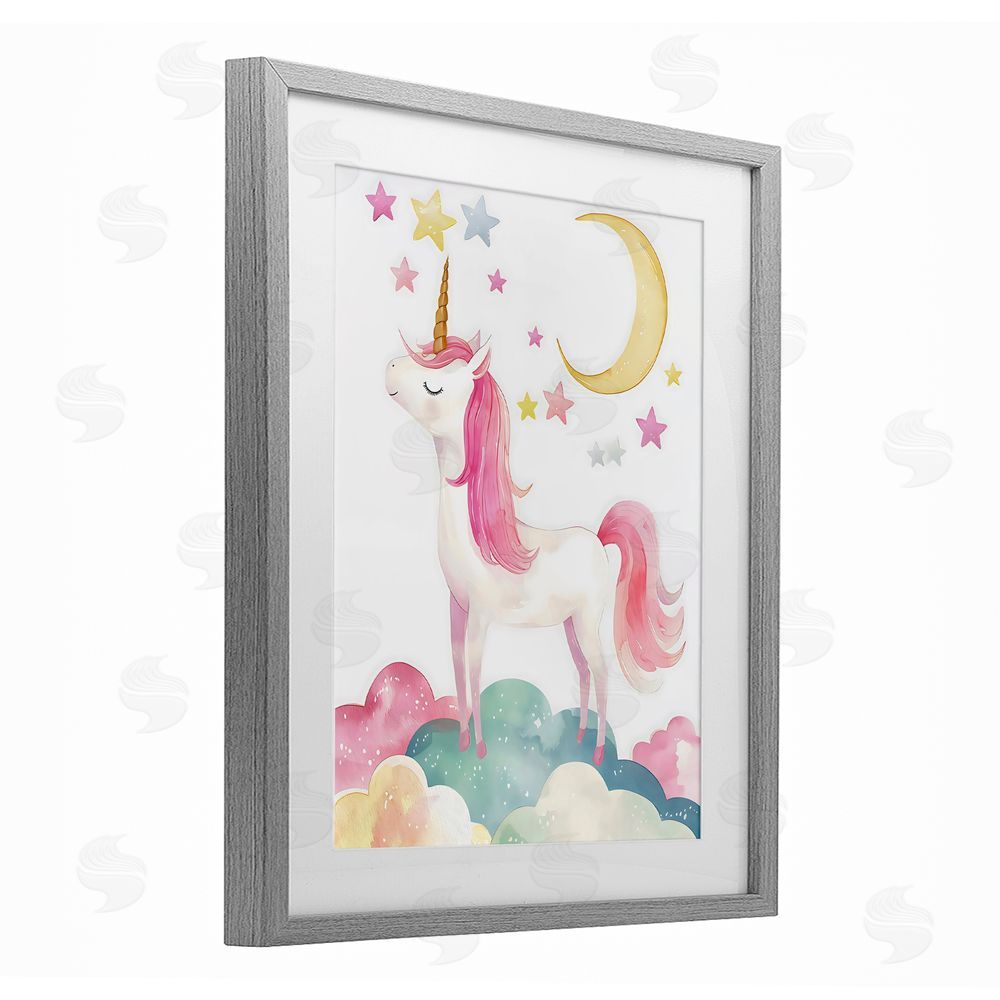 Creative Studio Unicorn Standing On Clouds Gray Framed Print Under Glass Wall Art