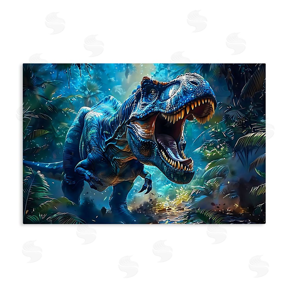 Creative Studio Blue Toned Dinosaur Roar Stretched Canvas Wall Art Print