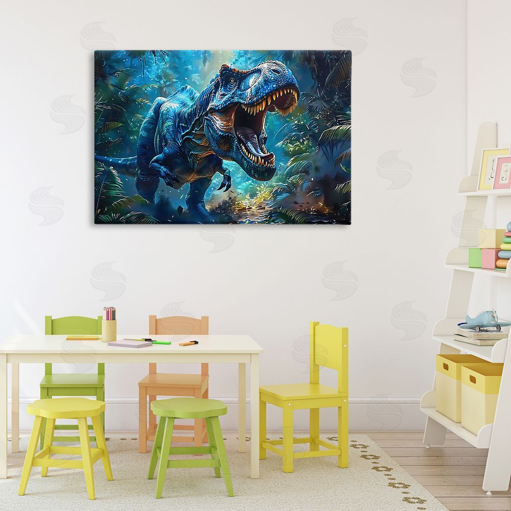 Creative Studio Blue Toned Dinosaur Roar Stretched Canvas Wall Art in Room