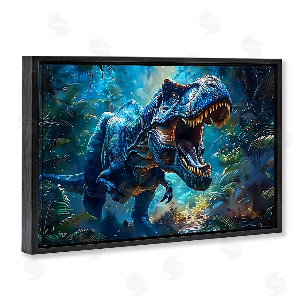Creative Studio Blue Toned Dinosaur Roar Black Floating Frame Canvas Wall Art Print