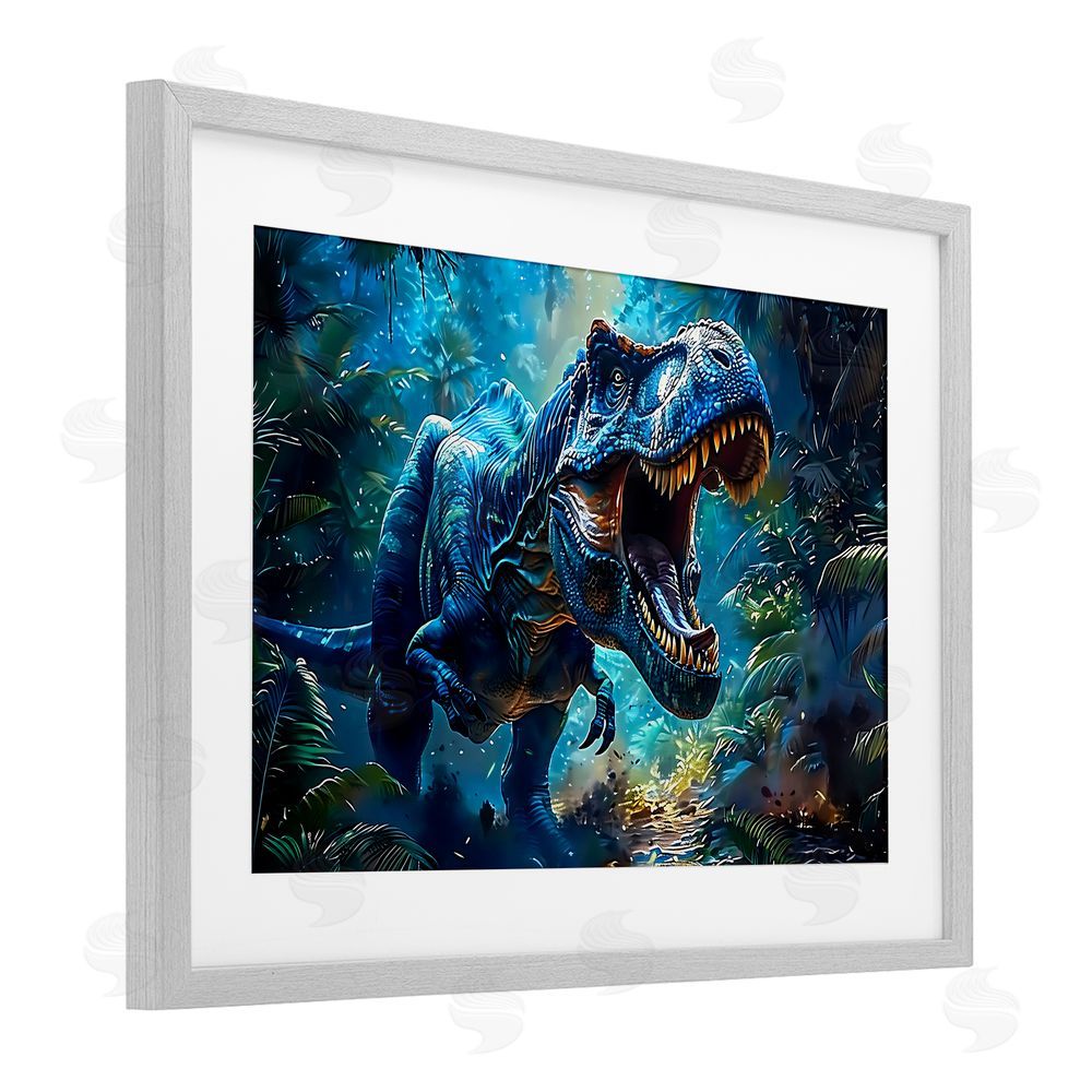 Creative Studio Blue Toned Dinosaur Roar Gray Framed Print Under Glass Wall Art