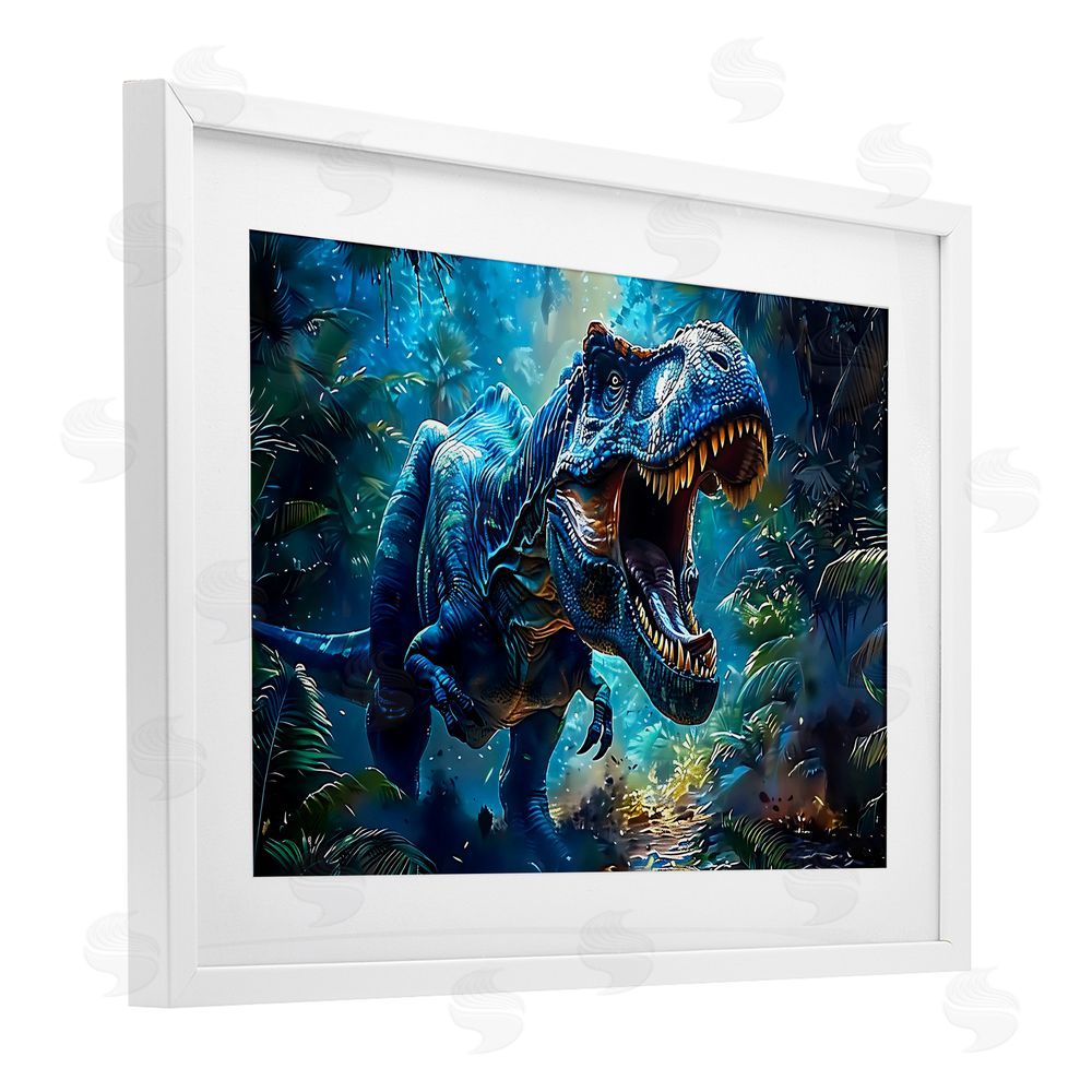 Creative Studio Blue Toned Dinosaur Roar White Framed Print Under Glass Wall Art