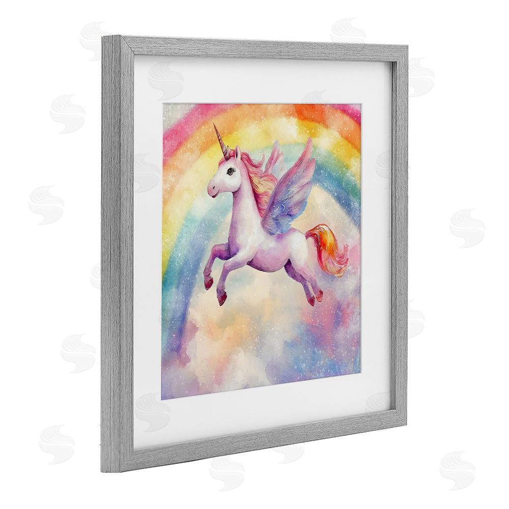 Creative Studio Flying Unicorn In Rainbow Sky Gray Framed Print Under Glass with Mat Wall Art