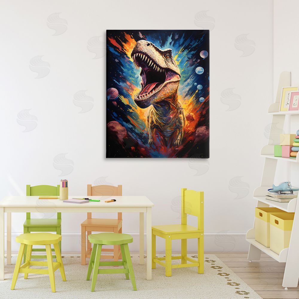 Creative Studio Dinosaur with Planets Stretched Canvas Wall Art in Room
