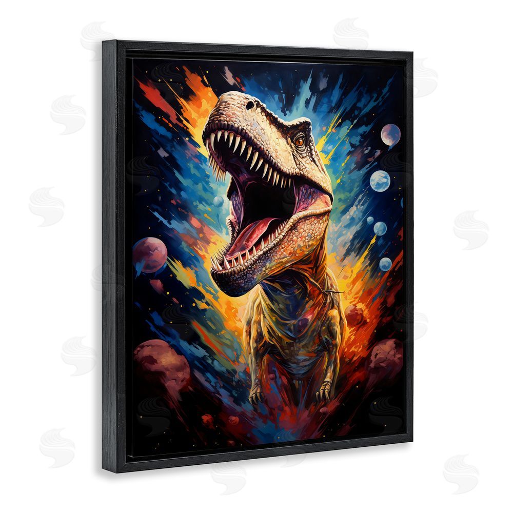 Creative Studio Dinosaur with Planets Black Floating Frame Canvas Wall Art