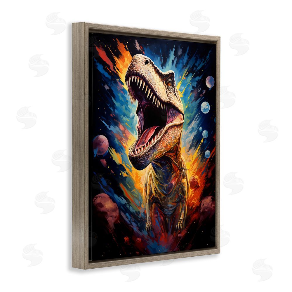 Creative Studio Dinosaur with Planets Brown Floating Frame Canvas Wall Art