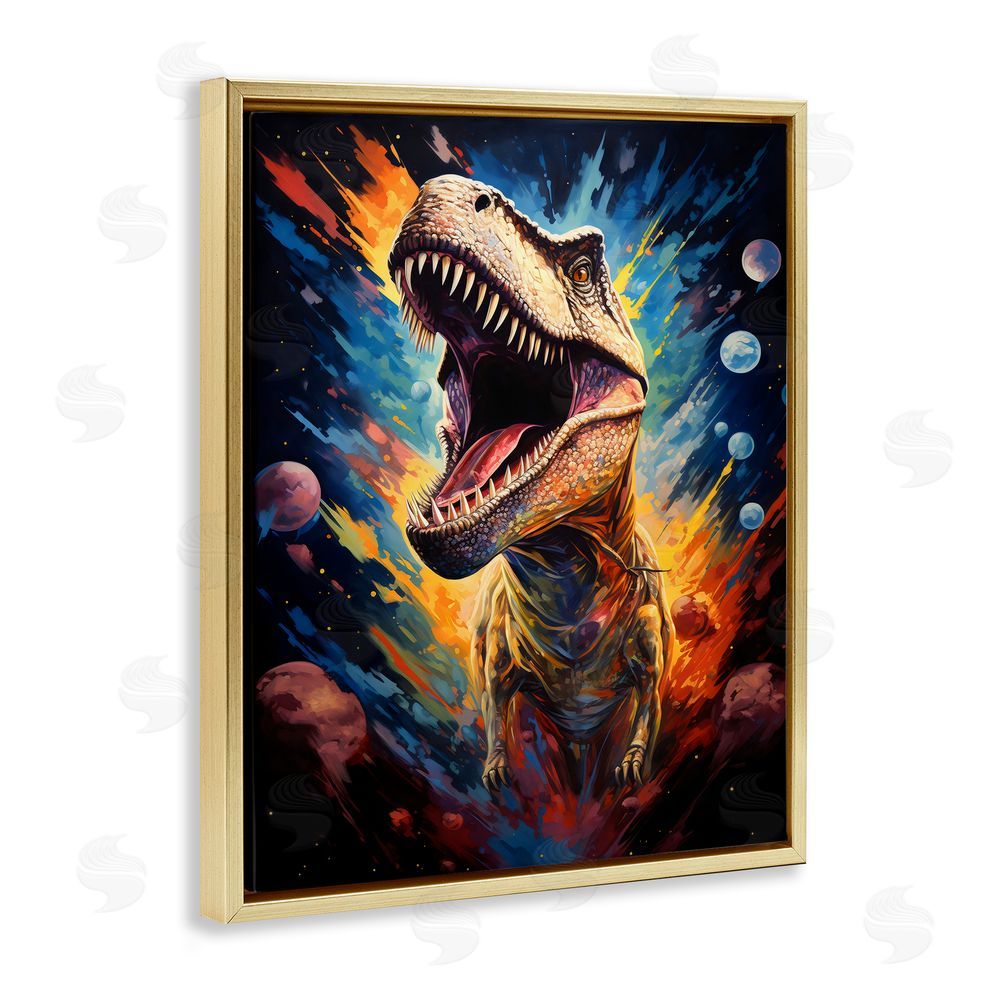 Creative Studio Dinosaur with Planets Gold Floating Frame Canvas Wall Art